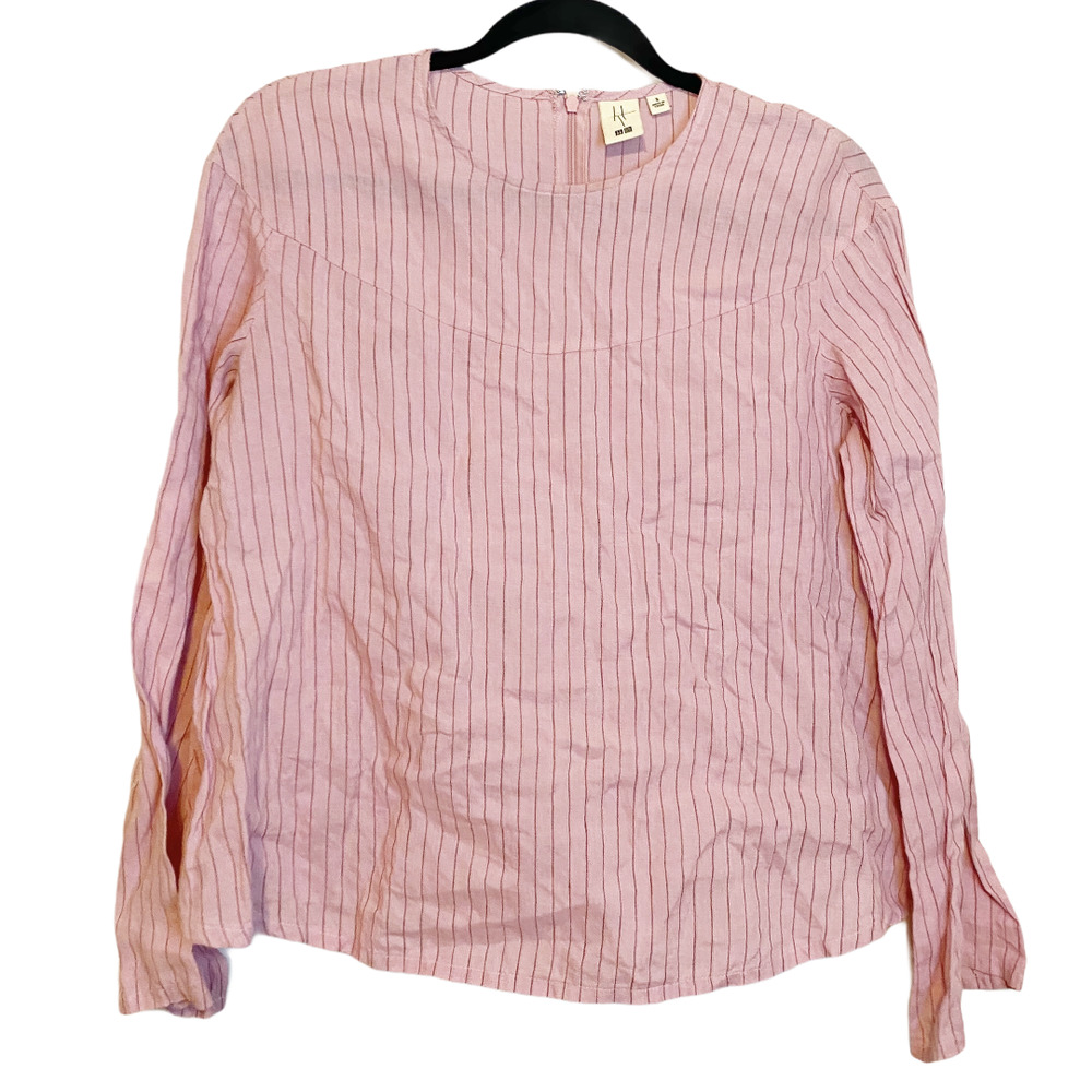 UNIQLO Pink Linen Striped Long Sleeve Blouse